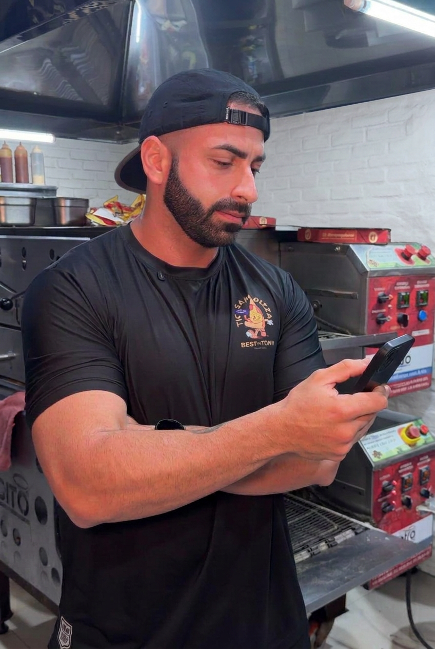 Gustavo Tiosam dentro da cozinha de uma pizzaria, acompanhando a operação pelo celular