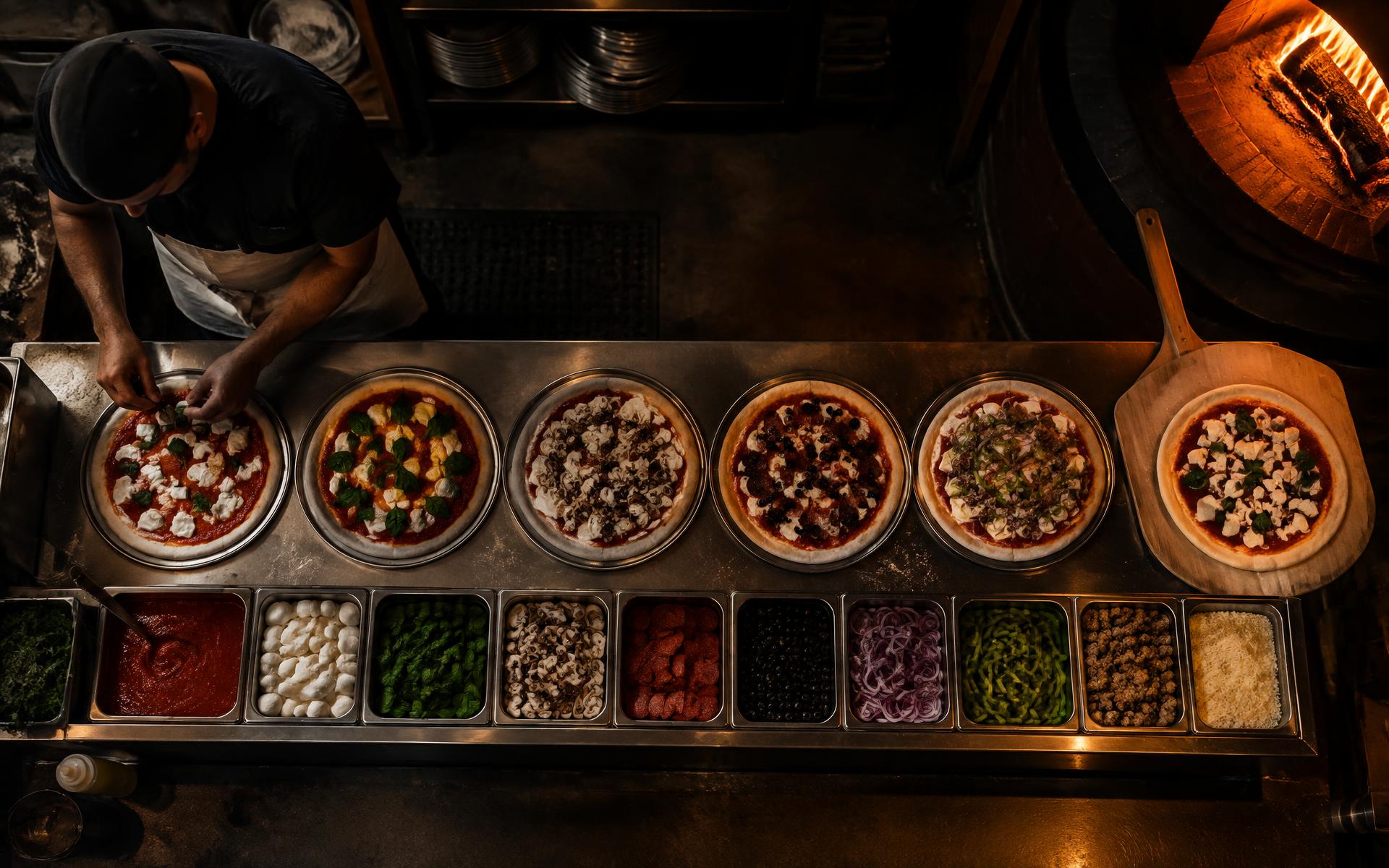 Pizzas em montagem na linha de produção da pizzaria